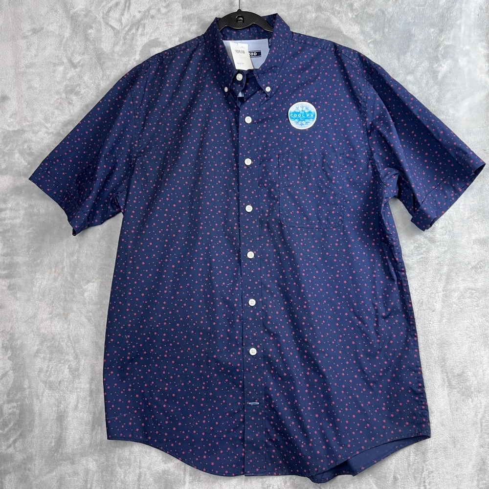 IZOD Mens XLT Navy Blue Pink Star Print Short Sleeve Button Down Shirt COOL FX